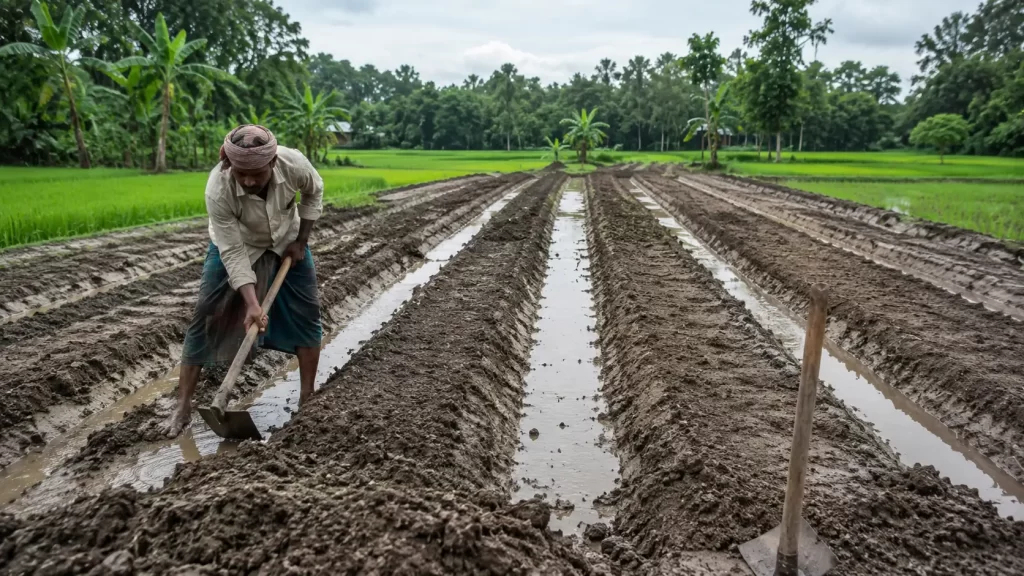 জুন মাসে বর্ষার জমিতে উঁচু সবজি বেড তৈরির কাজ