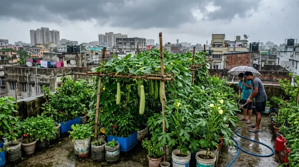কলকাতার ছাদবাগানে সবজি চাষের দৃশ্য