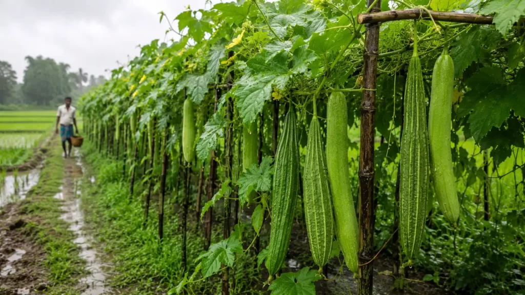 বর্ষায় মাচায় চাষ করা ঝিঙা গাছ ও ফল