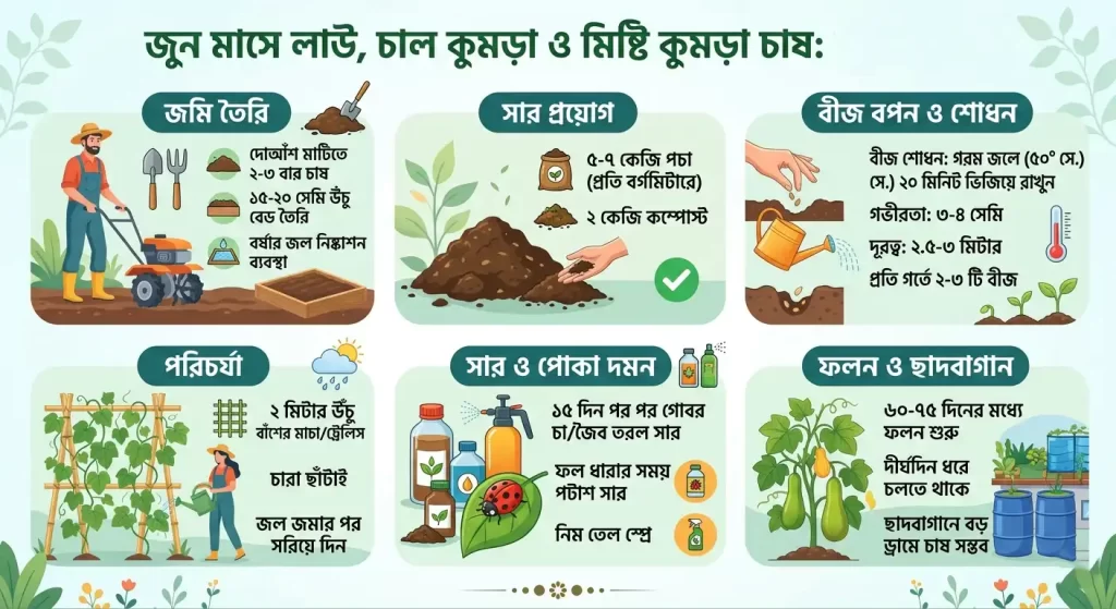 An infographic guide illustrating the steps to grow bottle, ash, and sweet gourds, including sections on soil preparation, fertilizer application, seed treatment, plant care, pest control, and harvesting.